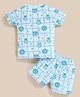 MOONKIDS Knitted Half Sleeves Checked & Animal Faces Printed Coordinating Tee & Shorts Set - Blue