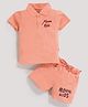 MOONKIDS Knitted Half Sleeves Brand Name Text Embroidered Tee & Shorts Set - Coral