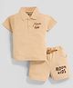 MOONKIDS 100% Pure Cotton Knit Half Sleeves MOONKIDS Patch Detailed T-Shirt & Shorts Set - Coffee