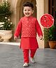 Babyhug Woven Diamond Cotton SOLID Kurta Pyjama Set With Floral & Sequin Embroidered Jacket - Red