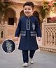 Babyhug Woven Full Sleeves Solid Kurta Pyjama Set With Velvet Thread Embroidered Jacket - Navy Blue