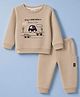 First Smile Fleece Knit Full Sleeves Winter Wear Suit Car Print - Ivory