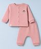 First Smile Fleece Knit Full Sleeves Winter Nightwear With Bear Applique - Pink
