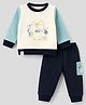 Ollypop Fleece Knit Full Sleeves Winter Wear T-Shirt & Lounge Pant Set with Bear Applique - White & Navy