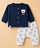 First Smile Fleece Knit Full Sleeves Bear Embroidered T-Shirt & Diaper Pant Winter Wear Night Suit - Navy Blue