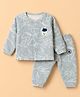 First Smile Fleece Knit Full Sleeves Winter Nightwear With Bear Applique - Grey
