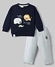 Ollypop Looper Knit Full Sleeves  T-Shirt & Lounge Pant Set with Animals Patch - Navy