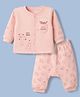First Smile Polyfill Knit Full Sleeves Winter Nightwear With Animal Print & Text Embroidery - Pink