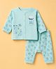 First Smile Polyfill Knit Full Sleeves Winter Nightwear With Animal Print & Text Embroidery - Aqua Blue