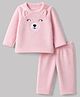 Babyhug Velour Knit Full Sleeves T-Shirt & Pajama Winter Night Suit with Bear Patch in Pink