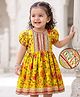 EARTHY TOUCH Woven Half Puffed Sleeves Floral Printed Ethnic Dress - Yellow