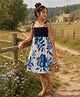 Woonie Cotton Hand Knitted Sleeveless Leaves Printed Crochet Dress - Blue