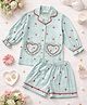 Fairies Forever Cotton Woven Full Sleeves Hearts Printed Striped Coordinating Shirt & Shorts Night Suit - Mint