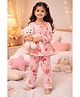 Fairies Forever Cotton Woven Three Fourth Sleeves Bows & Floral Printed Coordinating Top & Pajama Night Suit - Pink