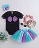 TINY MINY MEE Elastane Woven Half Sleeves Shell Glitter Printed Pearl Embellished Onesie & Skirt With Headband Set - Multi Colour