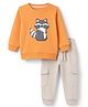 Babyhug Knit Full Sleeves T-Shirt With Cat Embroidery & Joggers - Orange & Beige