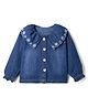 Little Kangaroos 100% Cotton Denim Woven Full Sleeves Tops with Peter Pan Collar and Floral Embroidery - Dark Blue