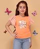 Cutecumber Cotton Knit Flutter Sleeves Live In The Moment Text & Floral Printed Top - Orange