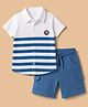 Babyhug 100% Cotton Knit Half Sleeves Striped Shirt & Shorts Set With Soccer Ball Patch - White