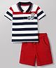 Babyhug 100% Cotton Single Jersey Knit Half Sleeves Striped T-Shirt & Shorts Set With Varsity Print - Red