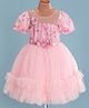 Enfance Net Knit Half Puffed Sleeves  Party Dress With Floral Print & Applique - Peach