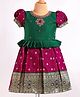 Enfance Cotton Silk Woven Half Puffed Sleeves Banarasi Printed Floral Embroidered Pattu Pavadai Dress- Dark Green & Purple