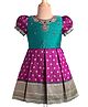Enfance Cotton Silk Woven Half Puffed Sleeves Banarasi Printed Floral Embroidered Pattu Pavadai Dress- Purple & Turquoise