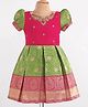 Enfance Cotton Silk Woven Half Puffed Sleeves Banarasi Printed Floral Embroidered Pattu Pavadai Dress- Dark Pink & Light Green