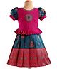 Enfance Cotton Silk Woven Half Puffed Sleeves Banarasi Printed Floral Embroidered Pattu Pavadai Dress- Dark Pink & Blue