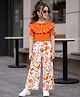 Ollington St. Single Jersey Knit Floral Printed Half Sleeves Frill Top & Culottes -Orange & White
