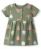 Zero Sinker Knit Half Sleeves One Piece Dress with Floral Print - Green