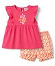 Zero Sinker Knit Half Sleeves Text Printed T-Shirt & Floral Printed Shorts - Dark Pink