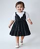 Bella Moda Cotton Woven Half Puffed Sleeves Floral Printed & Bow Applique Detailed Pinafore Style Dress - Navy Blue