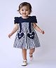 Bella Moda Cotton Woven Half Sleeves Schiffli Embroidered Lace Embellished & Heart Applique Detailed Striped Dress - Navy Blue