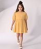 Bella Moda Cotton Woven Half Puffed Sleeves Geometric Embroidered Dress - Mustard