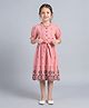 Bella Moda Cotton Woven Half Peasant Sleeves Floral Embroidered Dress - Pink