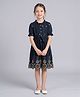 Bella Moda Cotton Woven Half Peasant Sleeves Floral Embroidered Dress - Navy Blue