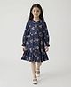Bella Moda Cotton Woven Full Peasant Sleeves Floral Printed Dress -  Navy Blue