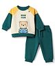 Doodle Poodle 100% Cotton Terry Knit T-shirt and Joggers Light Weight Raglan Full Sleeves Colour Block and Bear Print in Offwhite & Dark Green