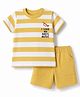 Zero Sinker Knit Half Sleeves Striped T-Shirt and Shorts set with Trumpet Print - Golden
