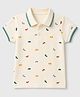 Zero Cotton Sinker Knit Polo T-Shirt with Half Sleeves and Car Print - Cream