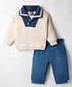 Little Kangaroos Fleece Knit Full Sleeves Winter Wear Suit - Off White