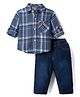 Little Kangaroos Cotton Knit Full Sleeves Shirt and Pants Set with Plaid Print - Blue