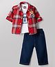 Little Kangaroos Cotton Knit Full Sleeves Checked Shirt With Printed Inner Tee & Pant Set - Red