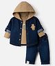 Little Kangaroos Denim Full Sleeves Shirt and Pant Set With Inner Tee & Bear Applique - Navy Blue