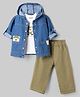 Little Kangaroos Knit Full Sleeves Denim Shirt & Pants With Inner Printed Tee - Navy Blue & White