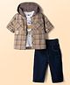 Little Kangaroos 100% Cotton Knit Full Sleeves Checked Hooded Shirt & Jeans Set With Bear Printed Inner T-Shirt - Brown