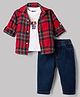 Little Kangaroos Denim Knit Full Sleeves Checks Printed Shirt and Pant With Teddy Bear Printed Inner Tee - Red