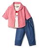 Little Kangaroos Knit Full Sleeves Checked Shirt and Pant Set With Santa Clause Embroidered Inner Tee - Red