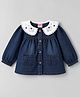 Little Kangaroos Denim Woven One Piece Dress with Full Sleeves and Floral Embroidery in Navy Blue